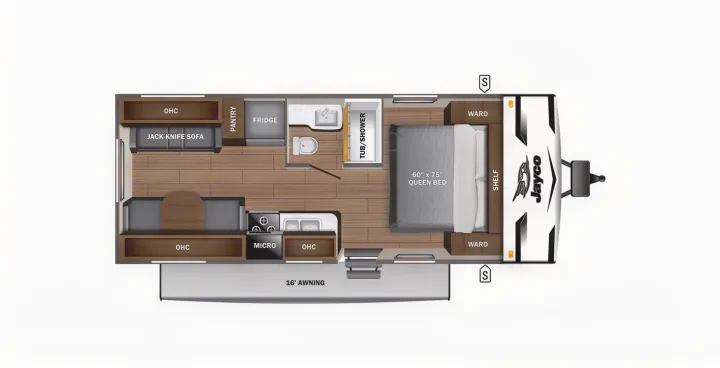 An rv rental floor plan for a Jayco travel trailer, featuring a queen bed, kitchen, bath, and convertible sofa.. Jayco Jay Flight SLX 2024