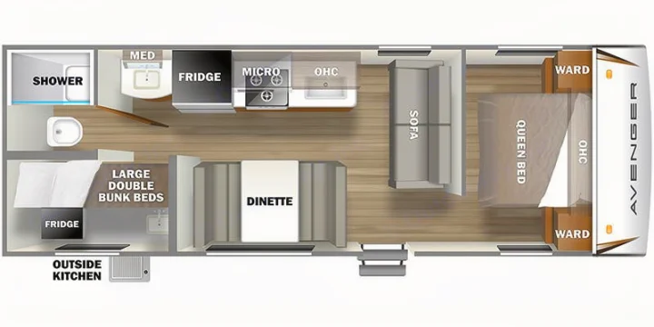 Top-down view of an rv rental floor plan with a queen bed, bunk beds, kitchen, dinette, sofa, and bathroom.. Prime Time Avenger by Forest River 26bk 2023
