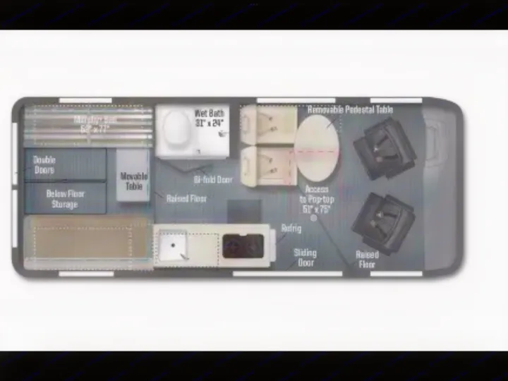 This RV rental floor plan displays a compact campervan layout with bed, wet bath, kitchen, and seating for comfortable travel.. Winnebago Solis 2023