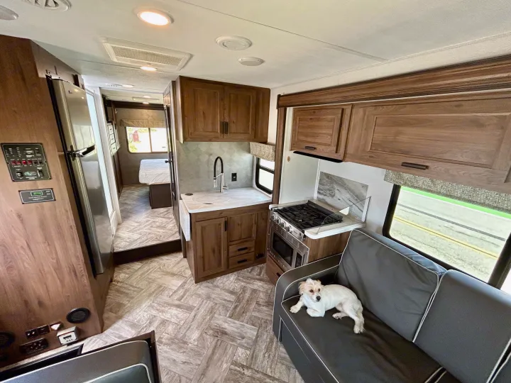 Spacious RV rental interior: dog relaxing on sofa, full kitchen, and bedroom visible. Comfy mobile living.. Forest River Forester 2021