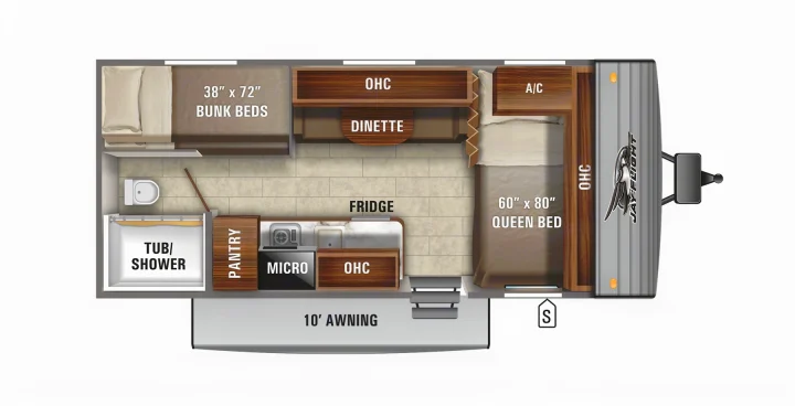 This RV rental floor plan details a travel trailer layout with a queen bed, bunk beds, kitchen, and bathroom.. Jayco Jay Flight SLX Baja Edition 2021