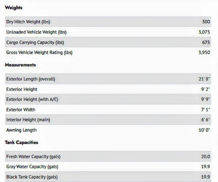 Detailed RV rental specs: weights (GVWR), dimensions (length, height), and tank capacities, crucial for planning trips.. Jayco Jay Flight SLX Baja Edition 2021