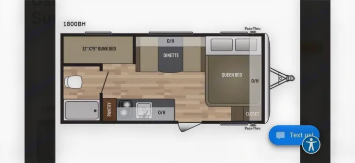 1800BH RV rental floor plan: Detailed layout showing queen bed, 32"x75" bunk, dinette, kitchen, bath, and storage.. Keystone RV Summerland Mini 2017