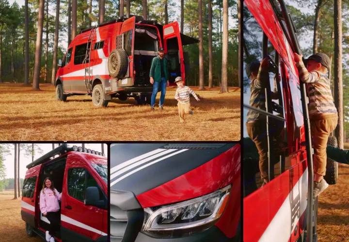 Family's red custom rv rental camper van in a pine forest. Kids climb, adults pose with their adventure vehicle.. Storyteller Overland Beast Mode AWD 2024