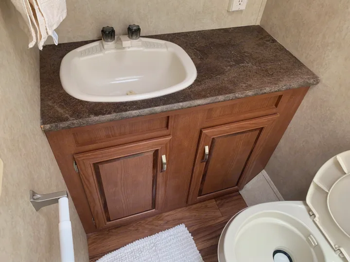 A practical RV rental bathroom: compact sink, wood vanity, and toilet for comfortable travel.. Forest River Salem Cruise Lite 2015