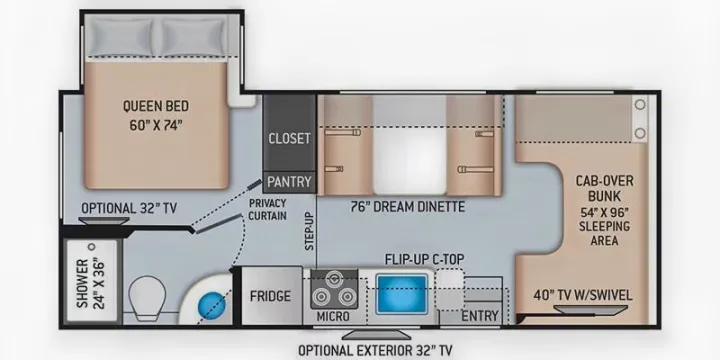 RV rental floor plan showing a queen bed, cab-over bunk, dinette, kitchen, and bathroom layout.. Thor Four Winds 2021