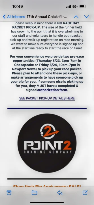 This email outlines crucial details for the 17th Annual Chick-fil-A race packet pick-up. It states there is no race day pick-up and provides pre-race dates, times, and locations in Chesapeake and Newport News (May 23rd & 24th). Participants needing someone else to pick up their bib must provide a signed authorization form. Below the text is a logo for "POINT2 RUNNING COMPANY".

Caption:
Email: 17th Annual Chick-fil-A race packet pick-up details. Pre-race dates, authorization forms for running event. (No 'rv rental' content.). Keystone RV Avalanche 2021