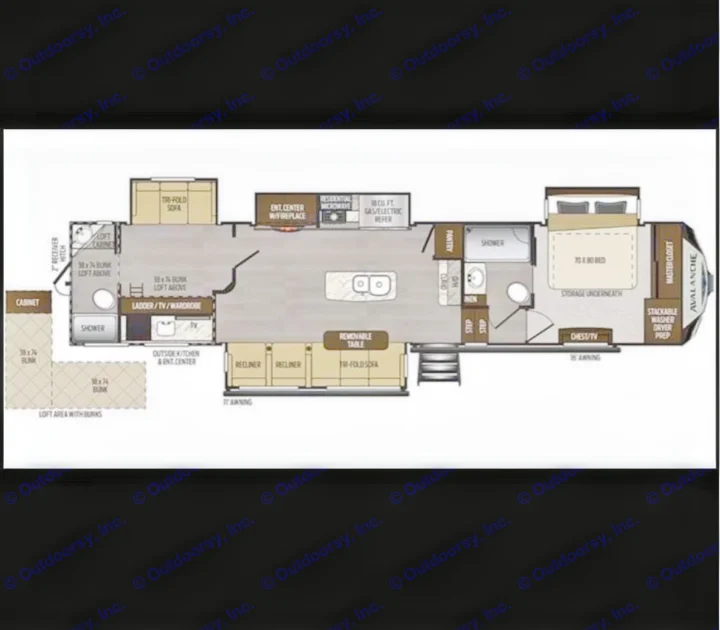 RV rental floor plan: Spacious layout with master bedroom, kitchen, living area, and multiple bunk beds/lofts for large groups.. Keystone RV Avalanche 2021