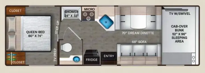 RV rental floor plan showcases a spacious interior with queen bed, dinette, sofa, kitchen, bath, and cab-over bunk.. Thor Motor Coach Chateau 2024