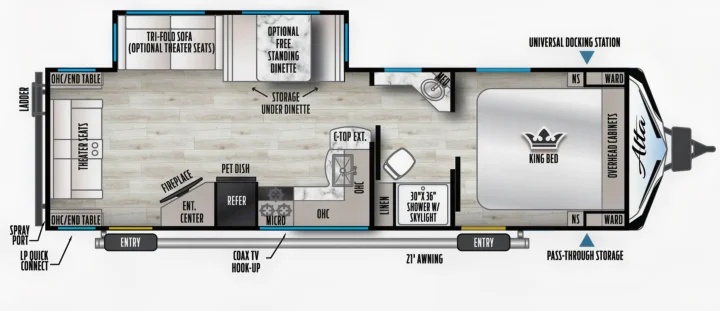 RV rental floor plan: King bed, dinette, kitchen, bath, and seating options for your travel comfort.. Alta 2850KRL 2021