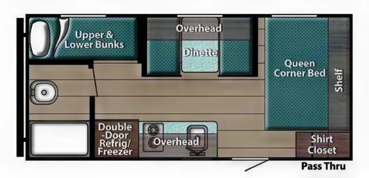 RV rental floor plan layout showing bunks, queen bed, dinette, kitchen, and restroom.. Gulf Stream Ameri-Lite Super Lite 2022