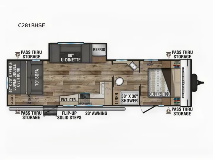 C281BHSE RV rental floorplan showing queen bed, bunks, U-dinette, sofa, shower. Great for family trips.. Connect SE 2022