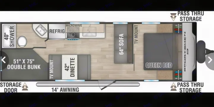 Detailed RV rental floor plan: queen bed, double bunk, kitchen, bath, and living area for comfortable travel.. Sportsmen SE 2023