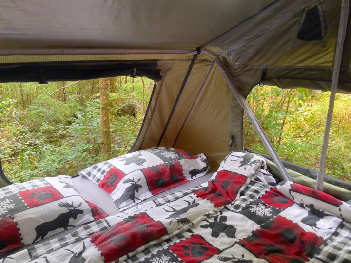 Inside a cozy RV rental rooftop tent with nature-themed bedding, looking out at a vibrant green forest.. Subaru Outback 2015