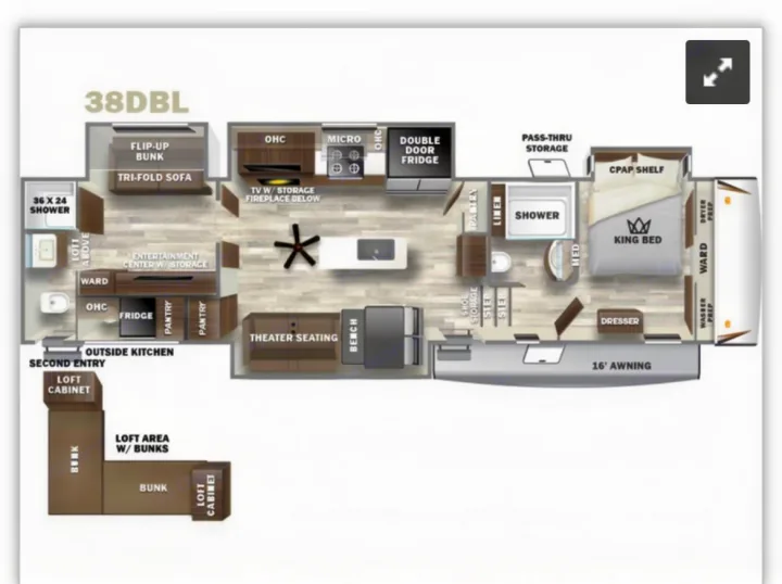 RV rental layout (38DBL) displays spacious interior with king bed, bunkhouse, kitchen, and living space.. Forest River Sabre 2024