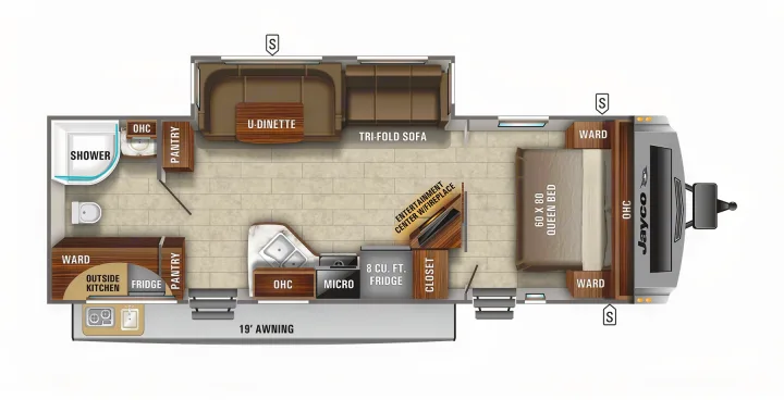 RV rental floor plan: Jayco model with queen bed, U-dinette, tri-fold sofa, kitchen, bath, and outside kitchen.. Jayco White Hawk 2021