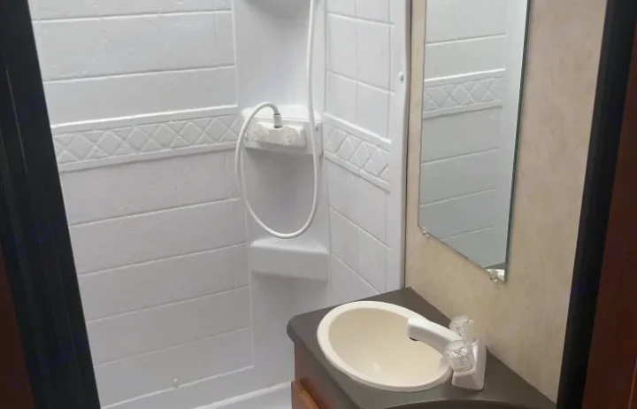 RV rental interior: A compact white bathroom features a molded shower stall with a handheld sprayer and a small sink with a mirror.. Coachman RV Freelander 2011