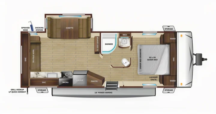 Detailed RV rental interior layout: queen bed, dinette, kitchen, bath, and sofa. Perfect for travel!. Open Range Lite 2023