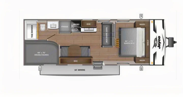 This RV rental floor plan shows a queen bed, double bunks, kitchen, bath, and jack-knife sofa for comfortable travel.. Jayco Jay Flight SLX 2024