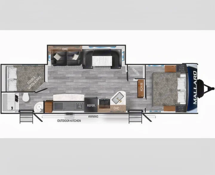 RV rental floor plan of a Mallard travel trailer, showing master bed, kitchen, dining, and double queen bunks.. Heartland RVs Mallard 2021