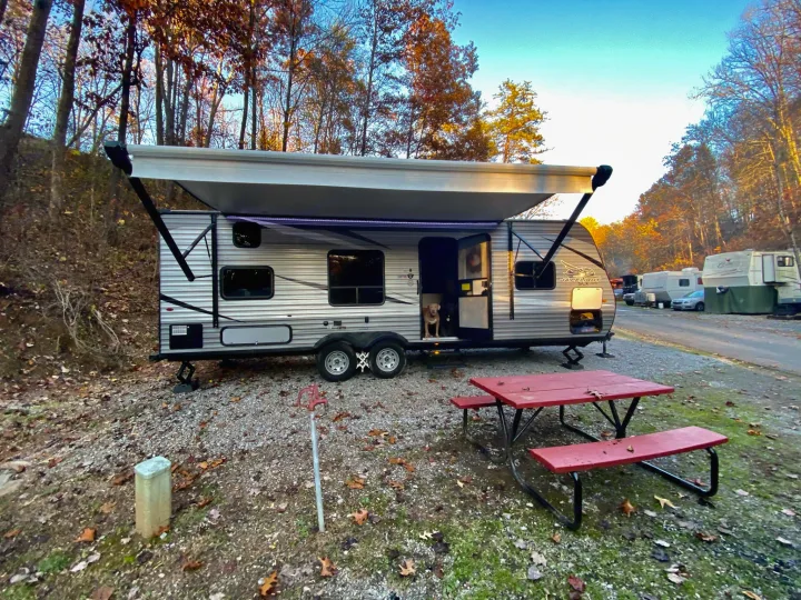 Enjoy this rv rental travel trailer at a fall campsite! Features a red picnic table, extended awning, and a dog peeking from the door.. Jayco Jay Flight SLX 2020