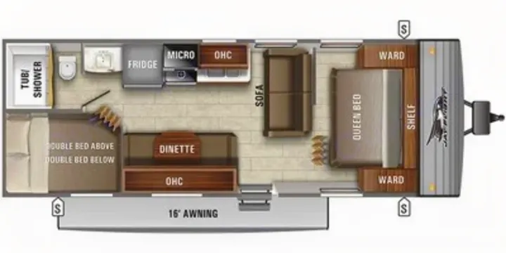 Detailed RV rental floor plan: queen bed, bunk beds, kitchen, bath, dinette, and sofa layout, with a 16' awning.. Jayco Jay Flight SLX 2020