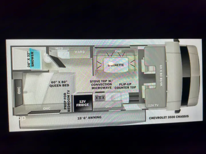 Explore this **rv rental** floor plan! See the queen bed, shower, dinette, kitchen, and bunk in this Chevrolet 3500 motorhome.. Forest River Sunseeker LE 2023