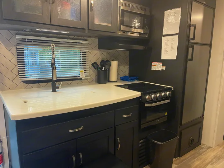 RV rental kitchen: modern black cabinets, white countertops, integrated sink, stove, microwave, and full-size refrigerator.. Coachmen 292BHDS FREEDOM EXPRESS LIBERTY EDITION 2022