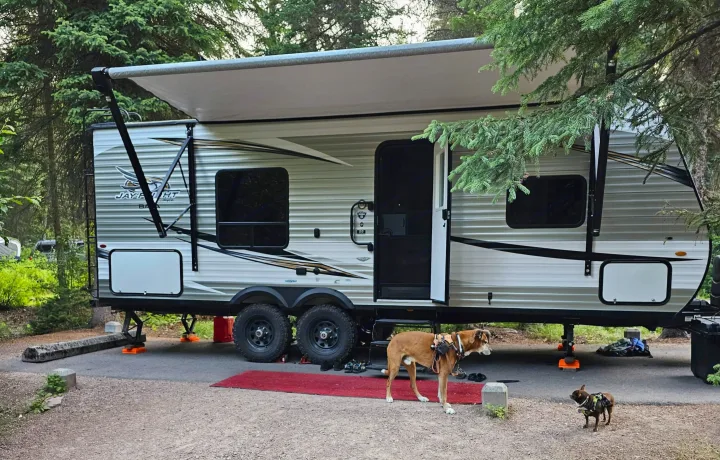 A travel trailer RV rental set up in a lush, green campsite, with two dogs relaxing nearby.. Jayco Jay Flight 232 RBW with Rocky Mountain and Baja upgrades 2020