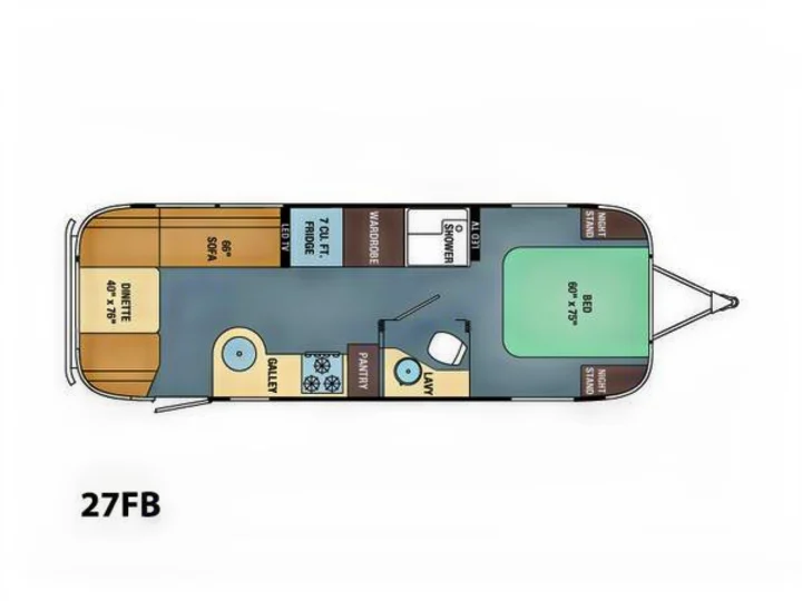 This 27FB RV rental floor plan shows its detailed interior layout: dinette, kitchen, bath, and a 60"x75" bed.. Airstream International 2016