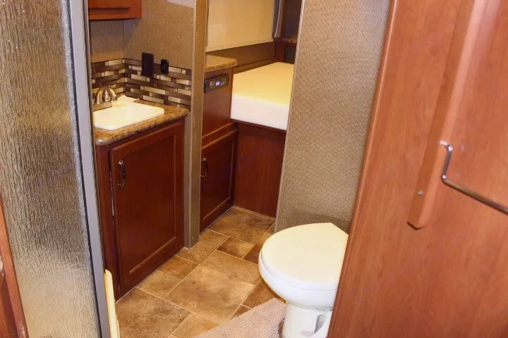 RV rental bathroom/bedroom: Sink, shower, toilet, and bed in a compact space.. Thor Chateau 2016