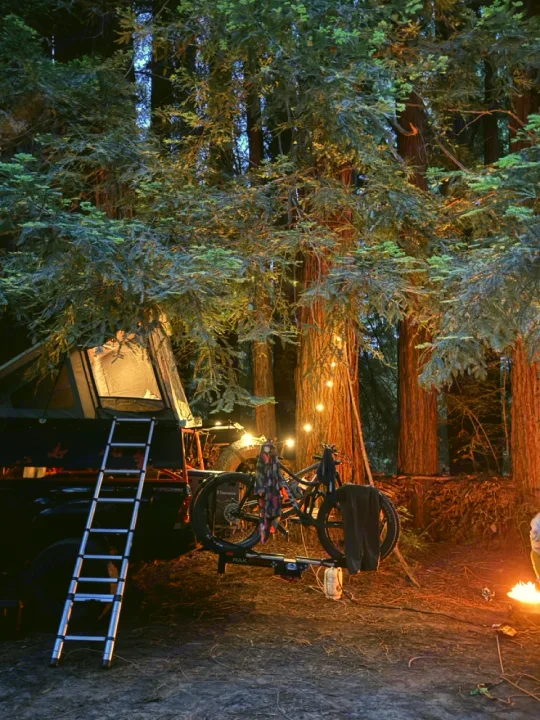 An RV rental transforms a truck into a cozy camp: rooftop tent, bikes, and warm lights under giant redwoods for forest adventures.. Toyota Tacoma - GoFastCamper 2007