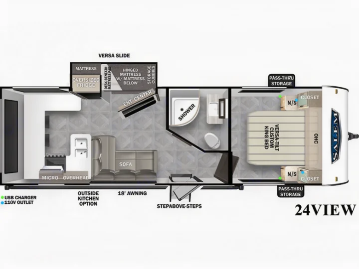 Floor plan of a 24VIEW Salem RV rental. Shows kitchen, bath, king bed, and convertible 'Versa Slide' living space layout.. Forest River Salem Cruise Lite 2024