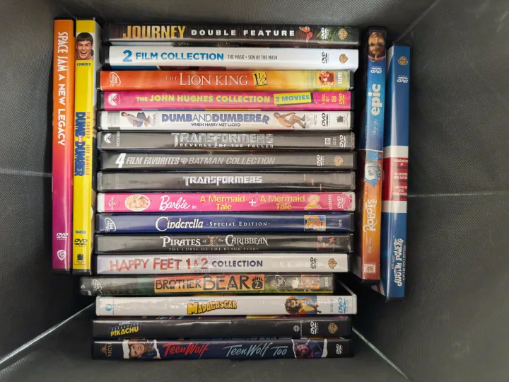 A stack of DVDs for movie nights, perfect for an **rv rental** trip or home viewing. Features films like The Lion King & Transformers.. Thor Four Winds 2018