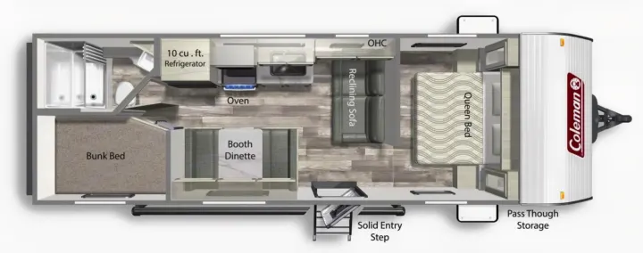 Explore this Coleman RV rental floor plan: a travel trailer featuring a queen bed, bunk bed, kitchen, bath, and reclining sofa.. Coleman Lantern LT 274BH 2024