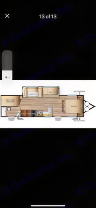 Detailed overhead RV rental floor plan for a travel trailer with queen bed, triple bunks, dinette, kitchen, and bath.. Forest River Evo 2017