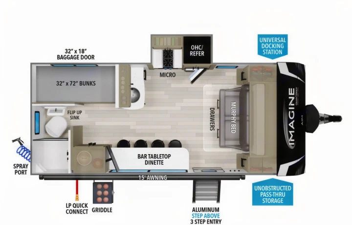 Explore this RV rental's versatile floor plan: bunks, Murphy bed, dinette, and ample storage optimize living space.. Grand Design Imagine AIM 2024
