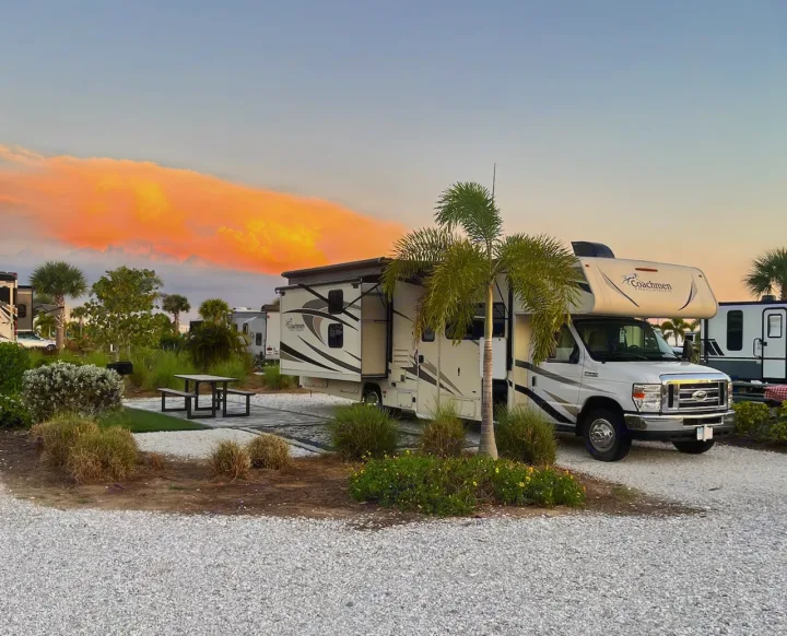 A white Coachmen RV rental parked at a tropical RV park during sunset, with palm trees and a picnic area. Perfect for an outdoor adventure.. Forest River Coachmen Freelander 2018
