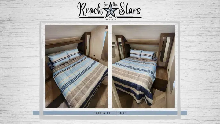 Two cozy RV rental bedroom views with striped bedding, ready for your next adventure from Santa Fe, Texas.. Forest River Salem Cruise Lite 2021