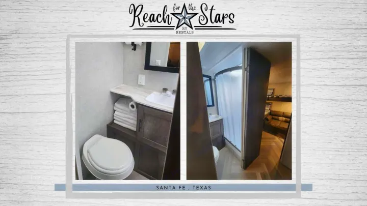 RV rental interior: compact bathroom with toilet, sink, and shower. Also visible are bunk beds and a living area.. Forest River Salem Cruise Lite 2021