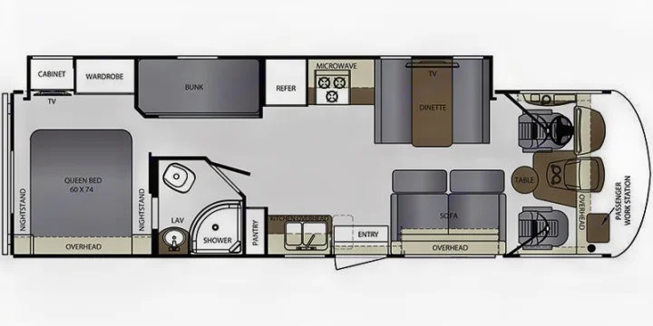 RV rental floor plan: Detailed interior layout showing queen bed, bunk, full kitchen, bath, dinette, and front cockpit area.. Georgetown GT3 2016