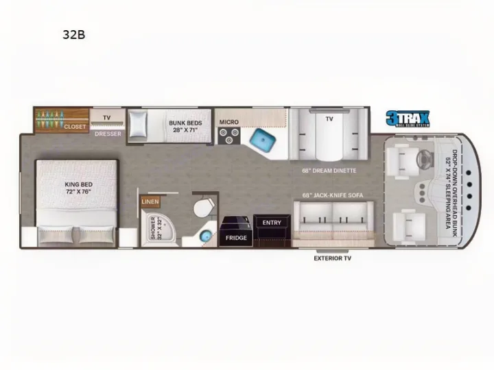 RV rental floor plan 32B featuring a king bed, bunk beds, dream dinette, and shower. See full layout for amenities.. Thor ACE 2024