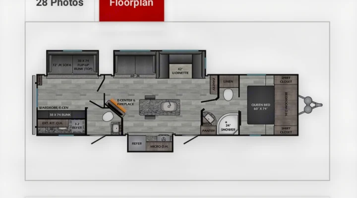 RV rental floorplan details: Queen bed, bunks, sofa, U-dinette, kitchen, bath with shower, and fireplace.. Crossroads RV Zinger 2021
