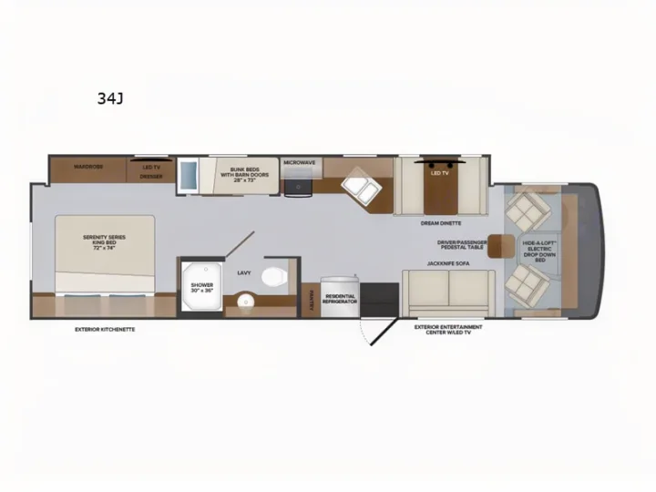RV rental 34J floor plan: king bed, bunk beds, and drop-down bed. Features dinette, sofa, kitchen, and bath.. Holiday Rambler Eclipse 2024