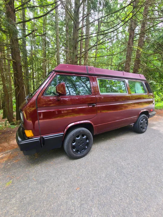 Maroon high-top camper van for rv rental, parked on asphalt amidst tall green forest trees, perfect for adventure.. Volkswagen T3 Mulitvan 1991