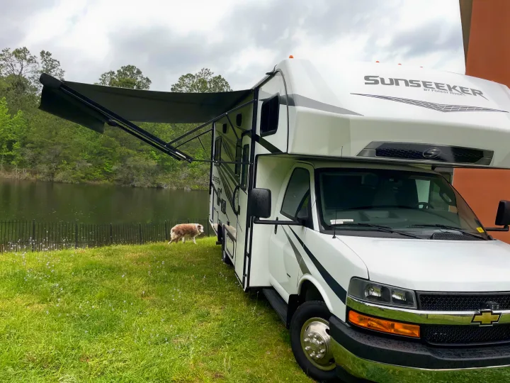 An RV rental offers lakeside views. White motorhome with awning extended, green grass, lake, and dog. Perfect for outdoor adventures.. Forest River Sunseeker LE 2023