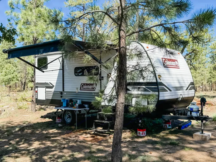 Enjoy nature with this Coleman RV rental at a sunny pine forest campsite. Awning extended, ready for outdoor living.. Dutchmen Lantern LT BB19 2024
