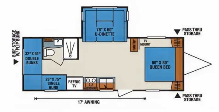 RV rental floor plan: Detailed interior layout shows queen bed, multiple bunks, U-dinette, kitchen, and bathroom facilities.. K-Z Manufacturing Spree Ultra-Lite 2012