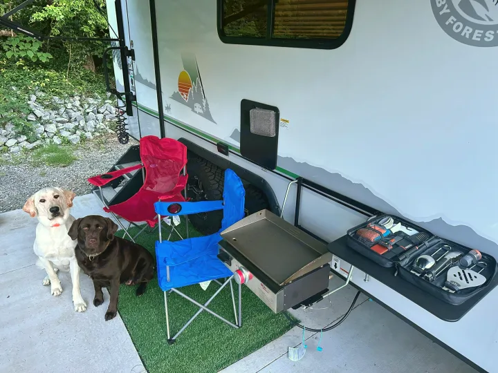 A chocolate and yellow lab sit by an rv rental at a campsite. An outdoor cooking setup with chairs, griddle, and tools.. No Boundaries 19 2023