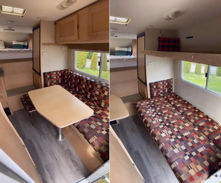 Cozy RV rental interior shows a dinette that converts to a bed, plus an additional bunk. Ideal for family adventures in a camper.. Chevrolet Other 2010